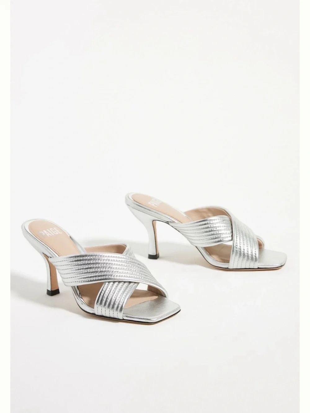 PAIGE Anthropology Leigh Metallic Silver Crisscross Open-Toed Heels